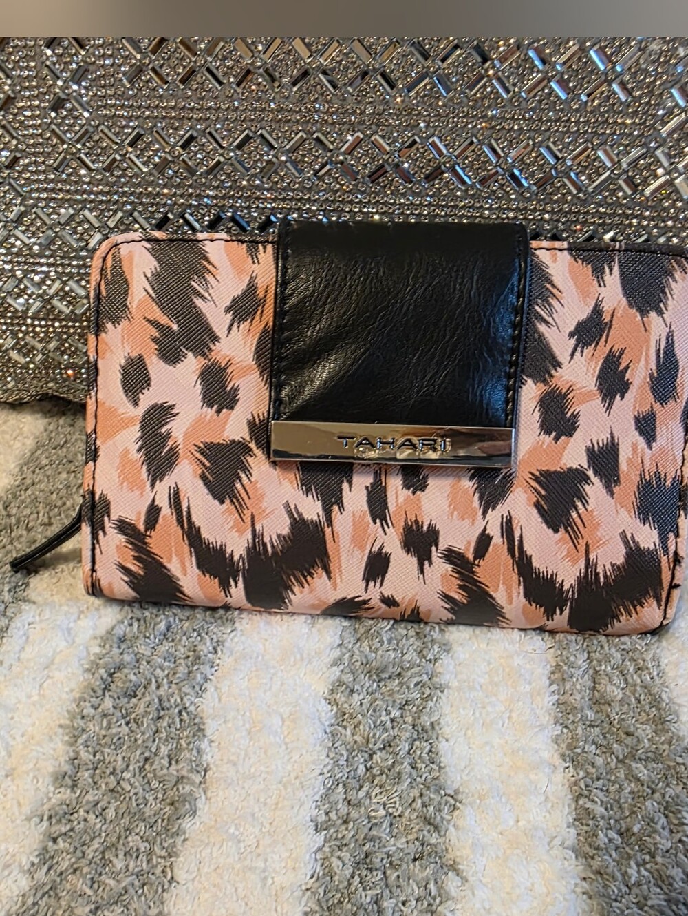 Tahari Pink Leopard Print Wallet with Black Accent
